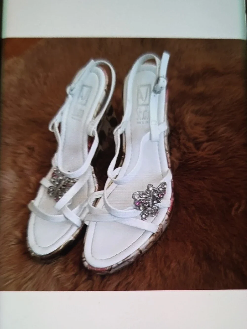 White Floral Wedge Sandals with Crystal Accent